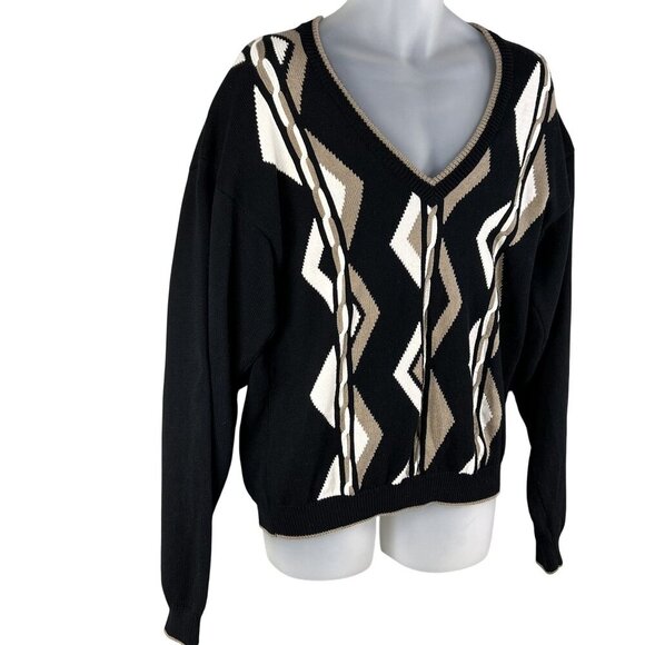 Sansabelt Sport Mens M  V-Neck Black Cotton Sweater Geometric Pattern Timeless - Picture 3 of 14